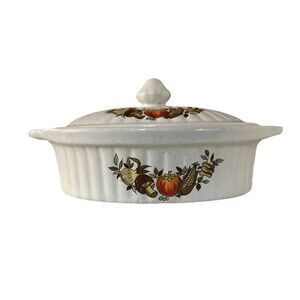 Vintage 70s MCM Harvest Vegetable Casserole Dish w/Lid Ribbed Stoneware Japan
